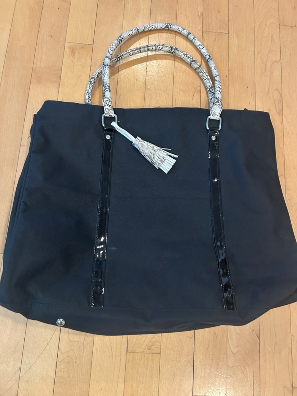 Black Tote Bag with White Snake-Print Handles